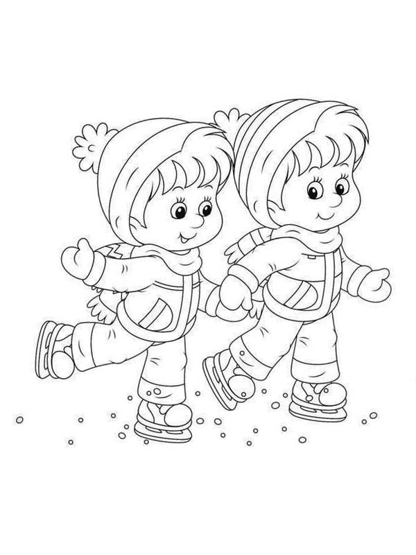 Two kids ice skating Colouring page