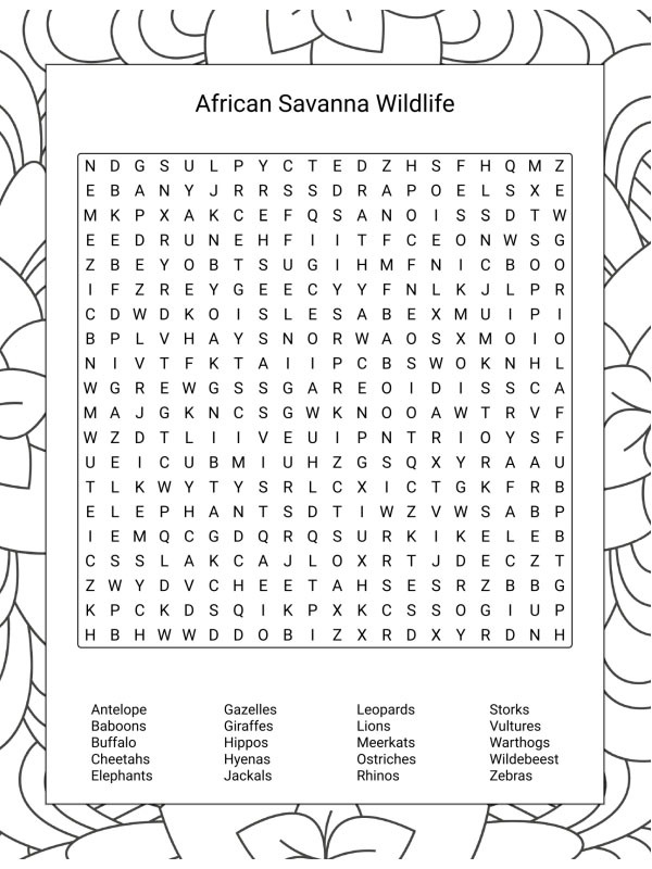 African savannah animals word search Colouring page African savannah animals word search Colouring page