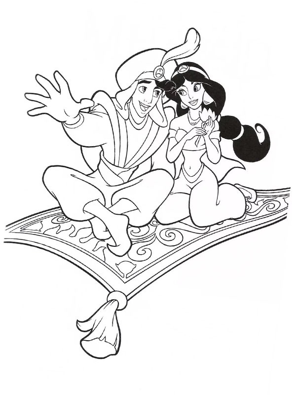 aladdin and yasmine on their carpet Colouring page