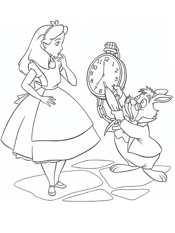 Alice and the white rabbit Colouring page