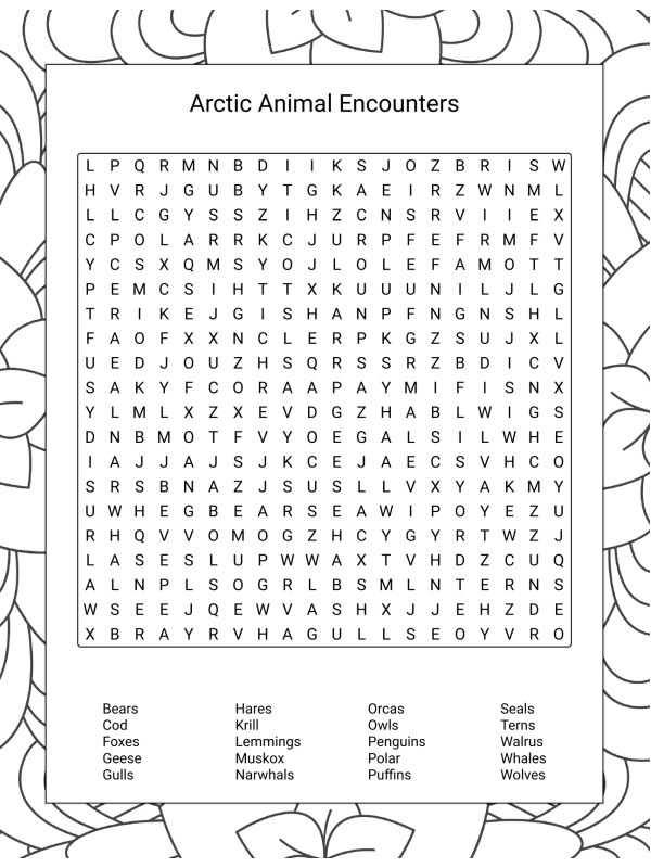 Arctic animals word search Colouring page Arctic animals word search Colouring page