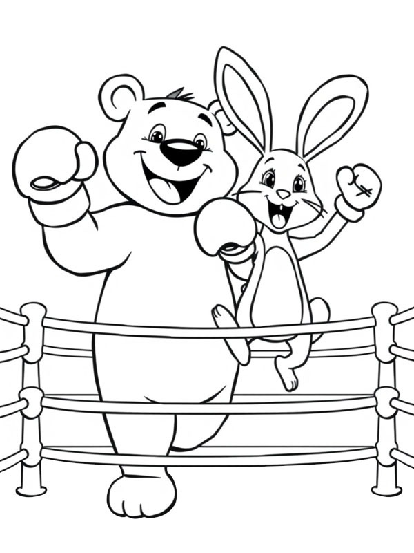 Bear and rabbit in the boxing ring Colouring page