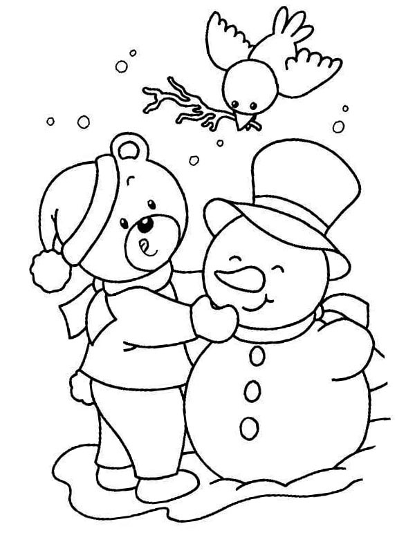 Bear makes a snowman Colouring page