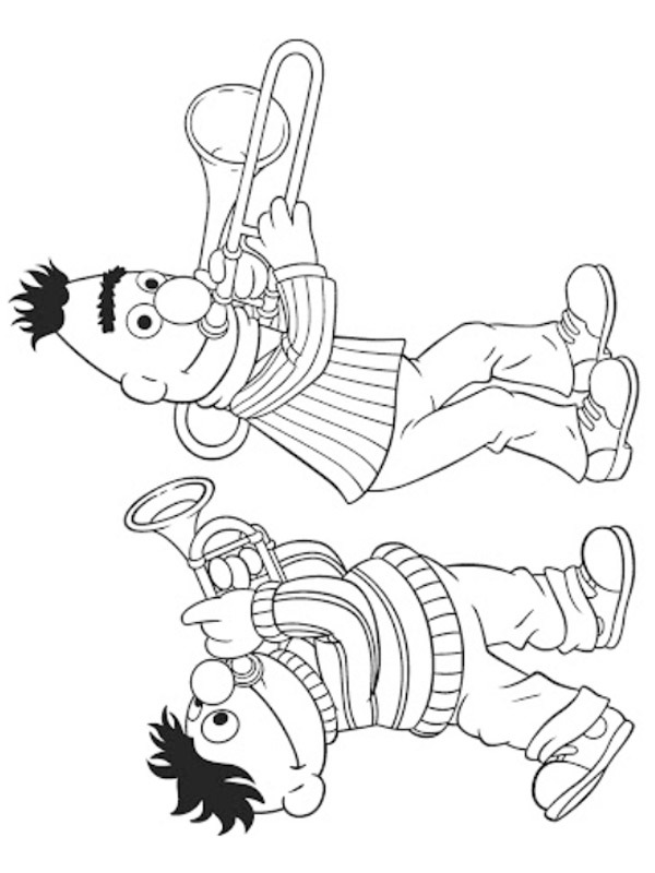 Bert and Ernie play the thrompet Colouring page