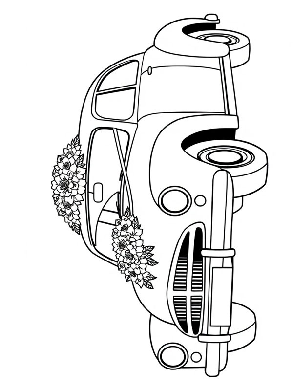 Flowers on the wedding car Colouring page
