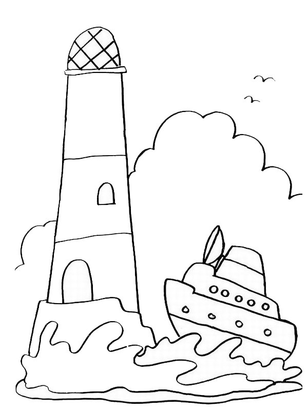 Boat at lighthouse Colouring page