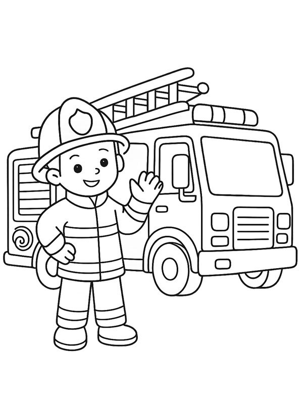 Fireman and fire truck Colouring page