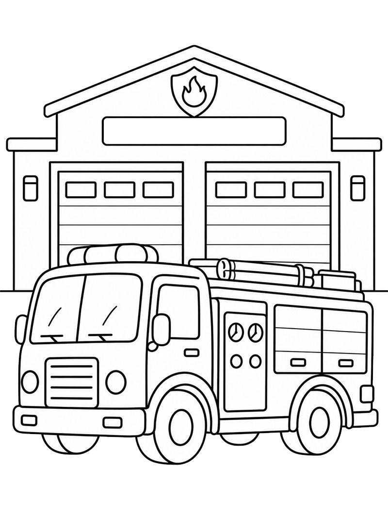Fire Truck at the Fire Station Colouring page Fire Truck at the Fire Station Colouring page