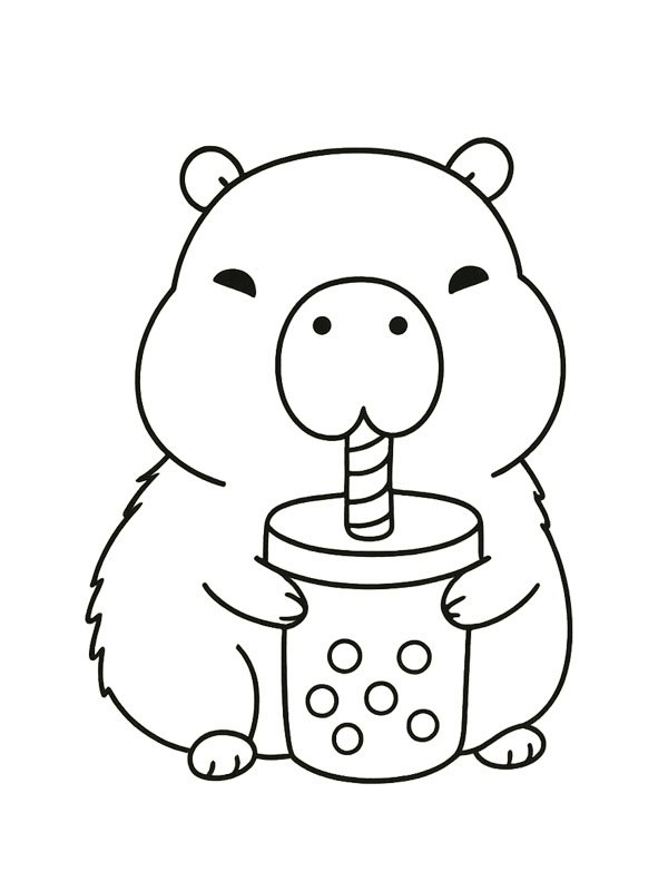 Capybara drinking bubble tea Colouring page