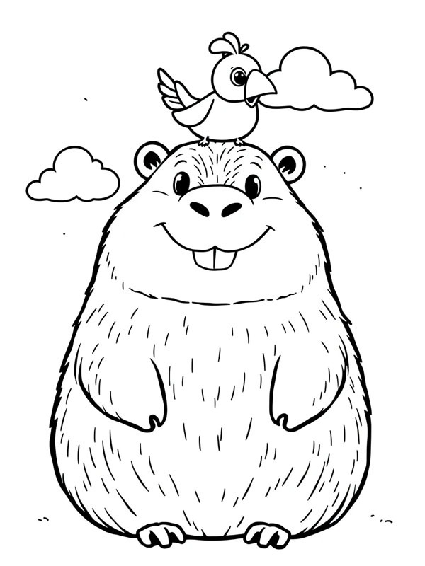 Capybara with a bird on its head Colouring page
