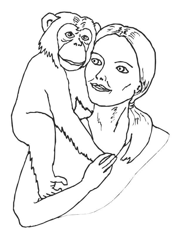 Chimpanzee on the woman's shoulder Colouring page