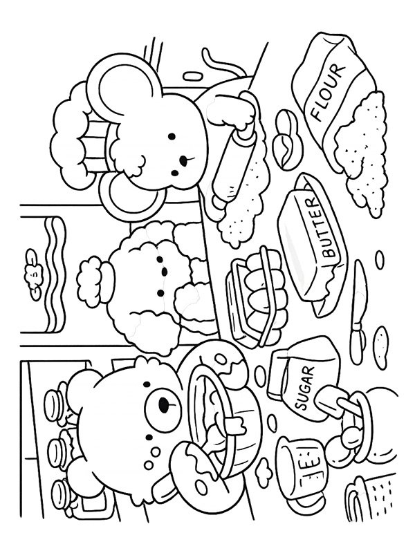 Cozy Friends baking cookies Colouring page