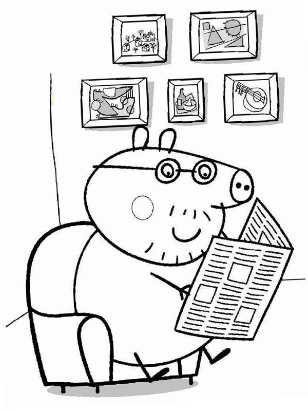 Daddy Pig reads the paper Colouring page