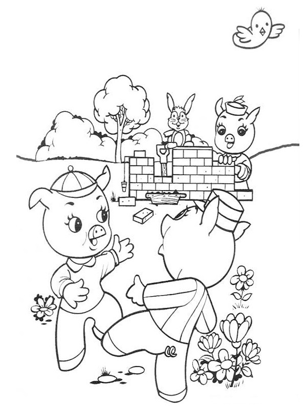 The three little pigs build a house Colouring page