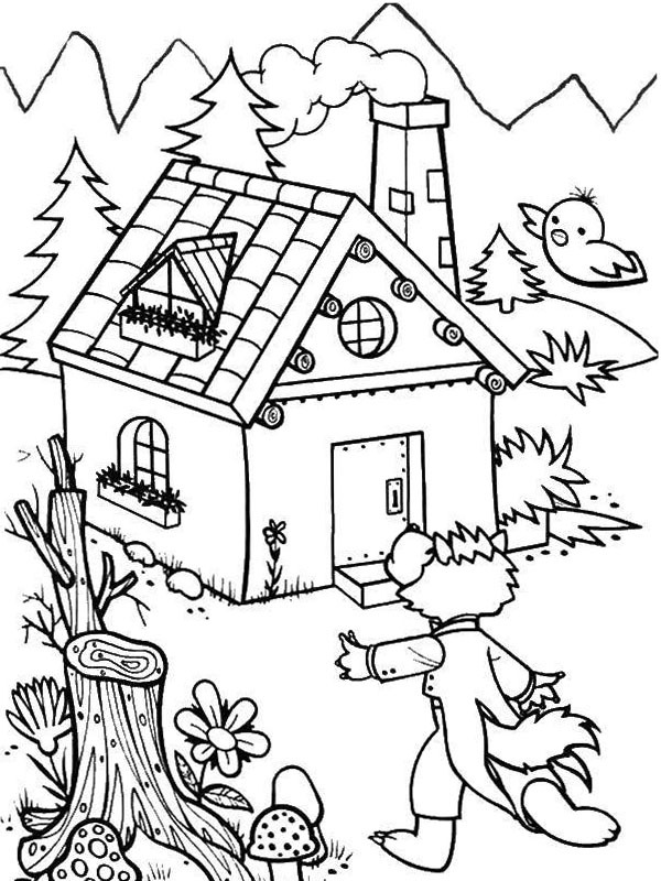 The wolf goes to the house Colouring page The wolf goes to the house Colouring page