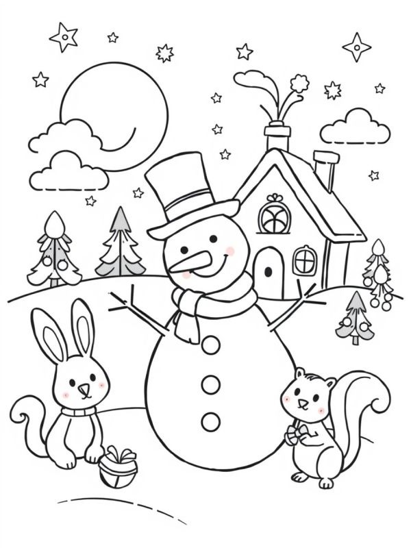 Animals at the snowma Colouring page