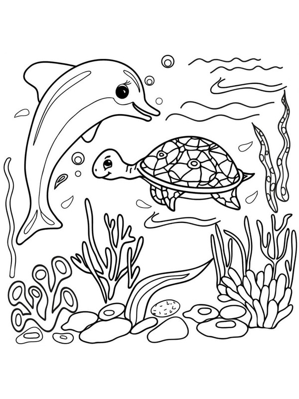 Dolphin and turtle Colouring page