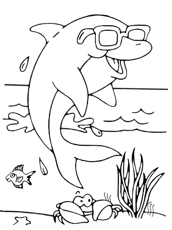 Dolphin with sunglasses Colouring page