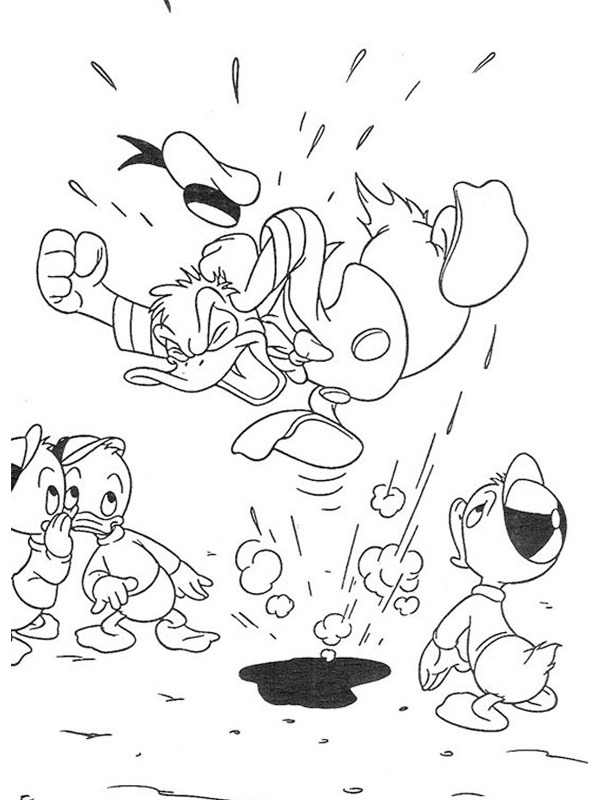 Donald Duck angry at Huey, Dewey, and Louie Colouring page