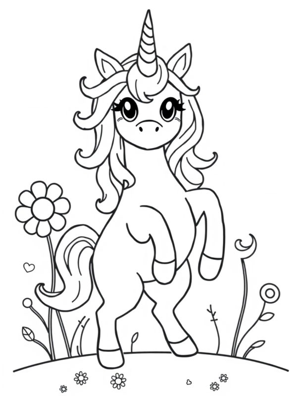 Unicorn stands on hind legs Colouring page