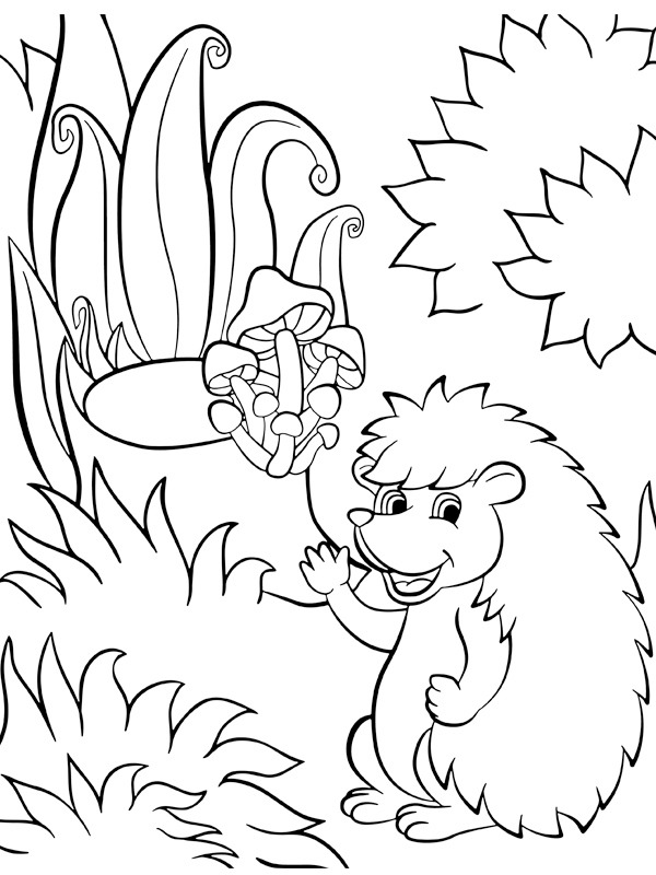 Hedgehog among the mushrooms Colouring page