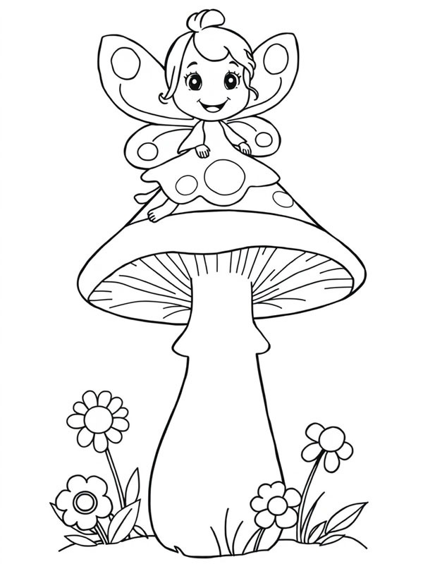 Fairy on a mushroom Colouring page