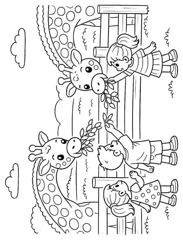 Feeding a giraffe at the zoo Colouring page Feeding a giraffe at the zoo Colouring page