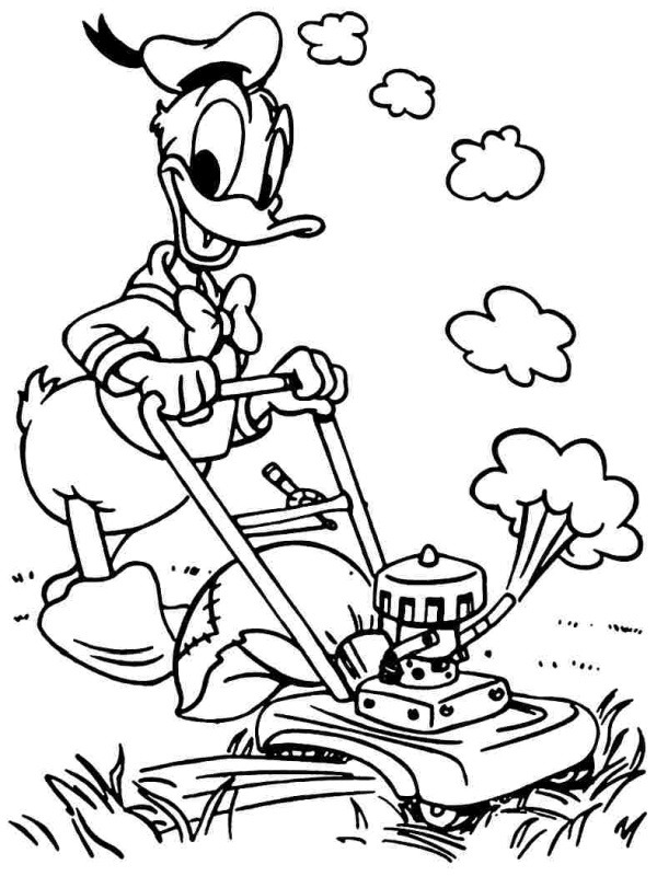 Donald Duck lawn mowing Colouring page