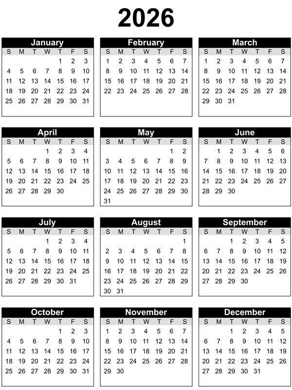 Printable Calendar 2026 Colouring page