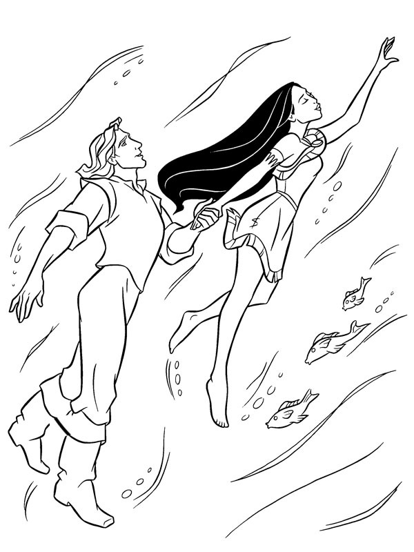 John Smith and Pocahontas in the water Colouring page John Smith and Pocahontas in the water Colouring page