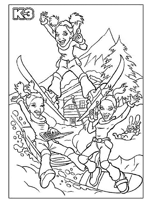 K3 go on winter vacation Colouring page