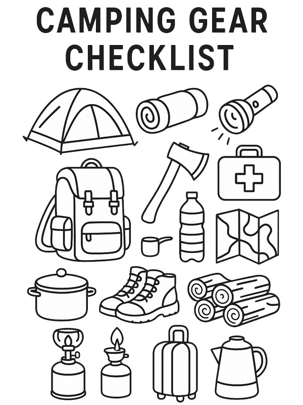 Camping gear checklist Colouring page