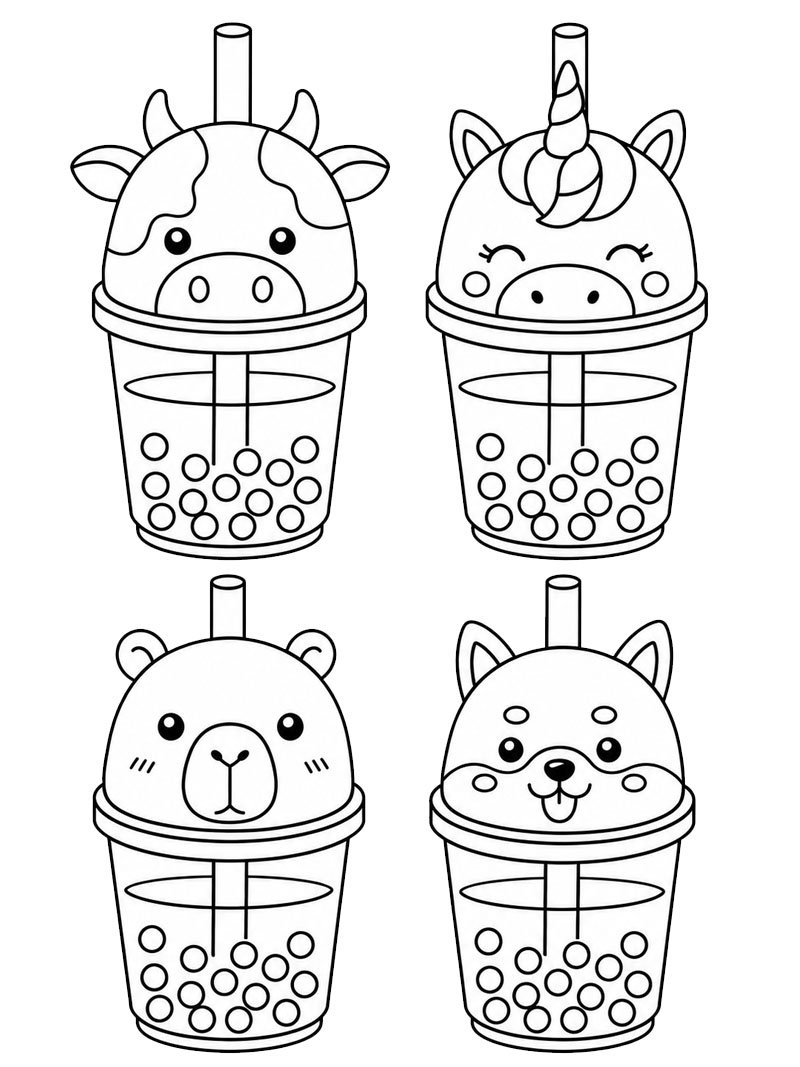 Kawaii Bubble Tea Cups Colouring page
