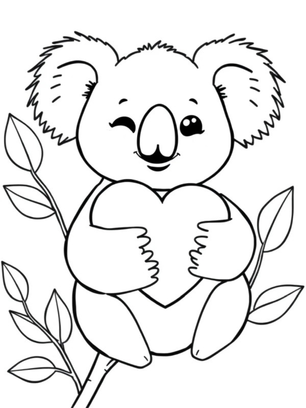 Kawaii koala holding heart Colouring page