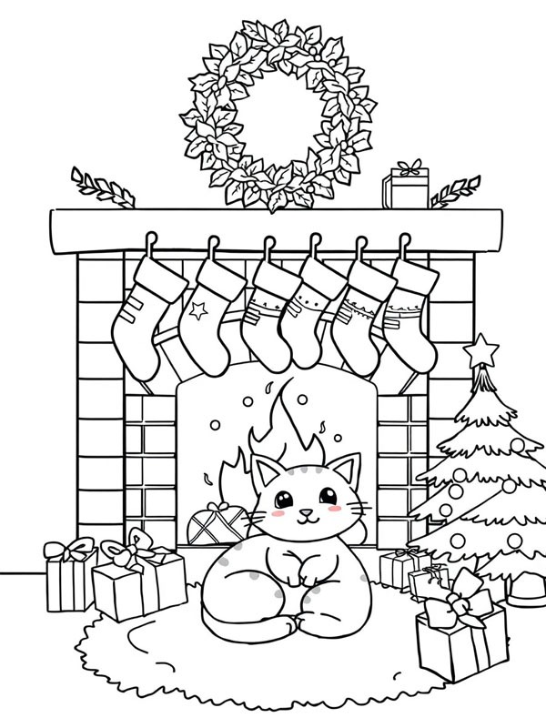Christmas fireplace Colouring page
