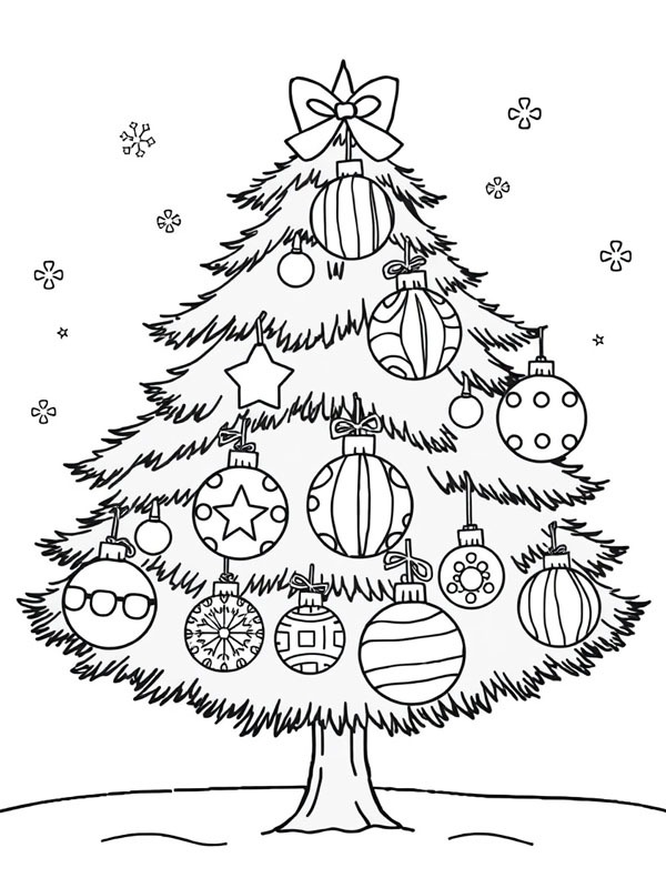Christmas baubles on the Christmas tree Colouring page