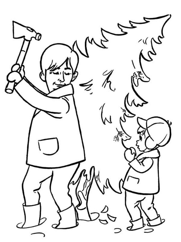 Cutting down Christmas tree Colouring page