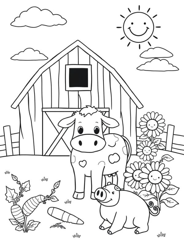 Cow and pig on the farm Colouring page