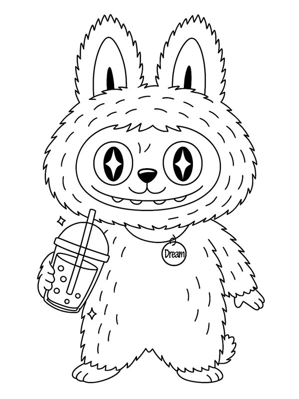 Labubu drinking boba Colouring page
