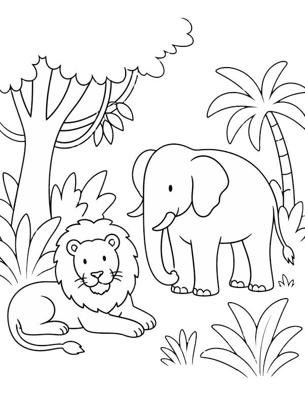 Lion and elephant in the jungle Colouring page Lion and elephant in the jungle Colouring page