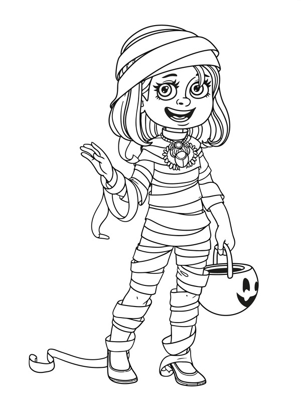 Cute girl in mummy costume with a pumpkin bag Colouring page