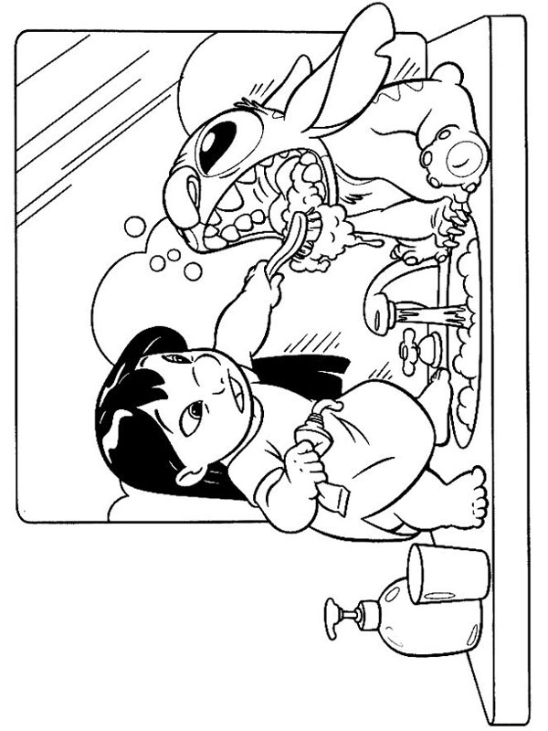 Lilo teaches Stitch to brush his teeth Colouring page