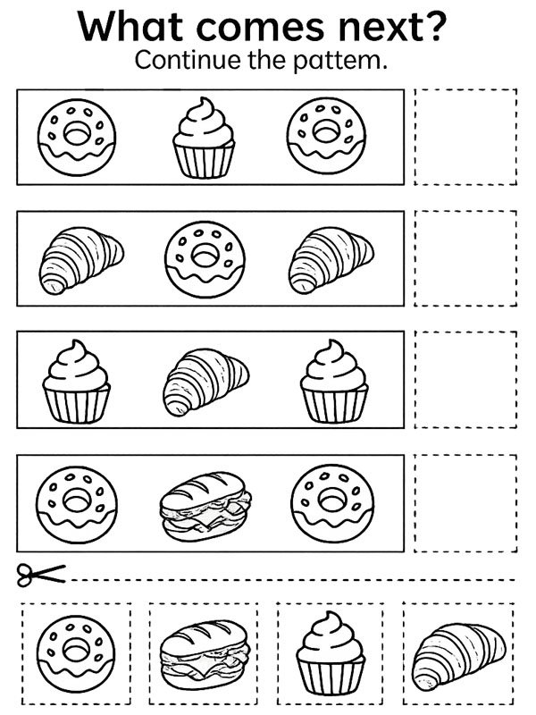 Complete the Pattern (What Comes Next?) Colouring page