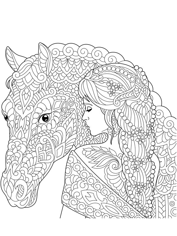 Girl with horse Colouring page