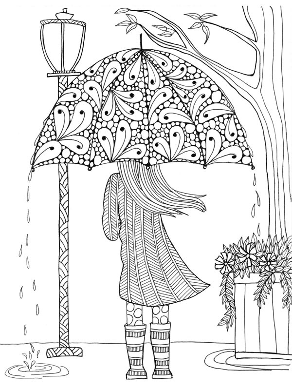 Girl with umbrella Colouring page