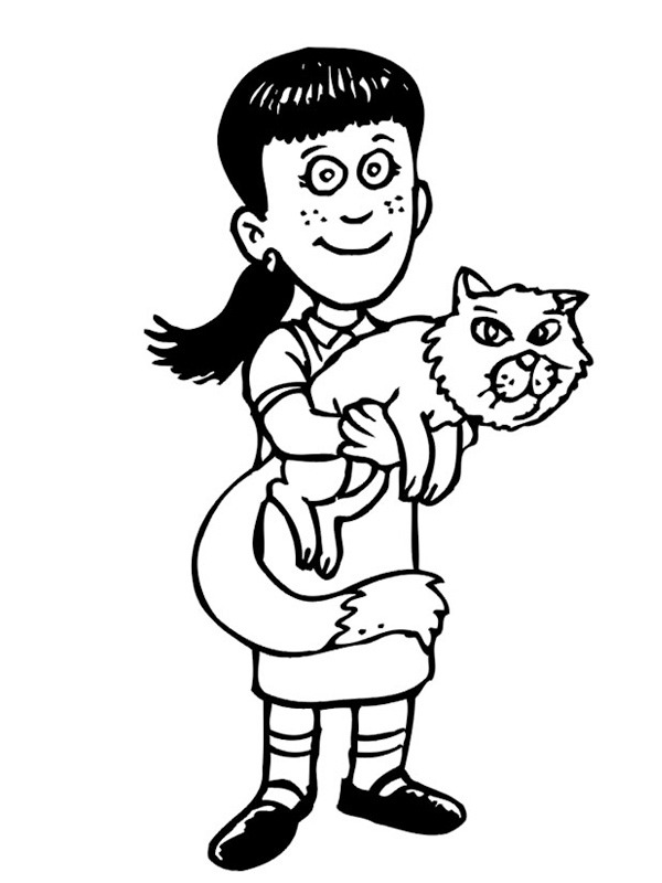 Girl with kitten Colouring page