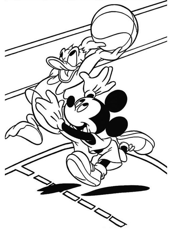 Mickey and Donald are playing basketball Colouring page