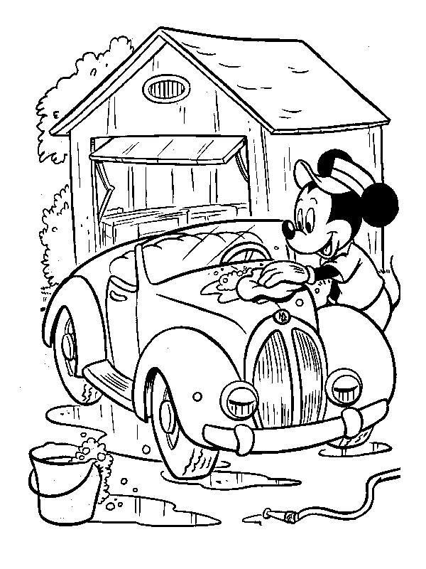 Mickey Mouse cleaning a car Colouring page