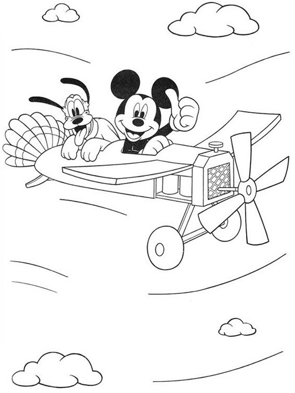 mickey mouse and pluto on an airplane Colouring page