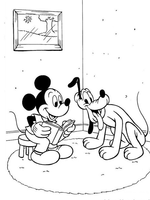 Mickey mouse reads Colouring page